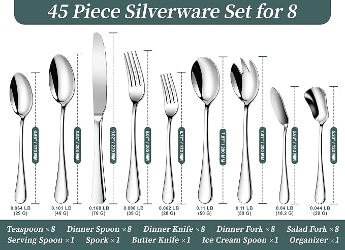 45-Piece Silverware Set with Organizer, Stainless Steel Flatware Set for 8 | Mirror Polished, Includes Forks, Knives, Spoons & Serving Utensils, Cutlery Utensils Set for Home Wedding & Housewarming