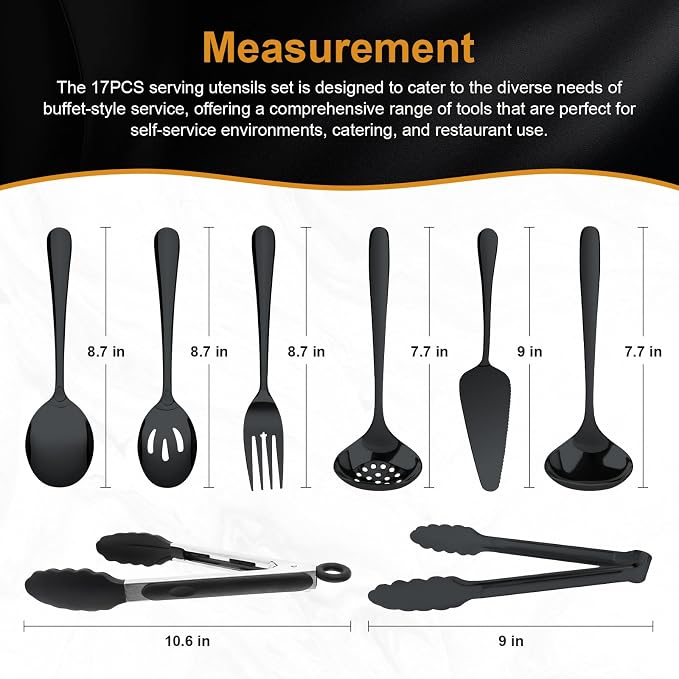 17PCS Serving Spoons and Utensils Set, Stainless Steel Serveware Black | Serving Spoons,Slotted Spoons,Forks,metal and silicone-tip tongs,Cake Server,Ladle,Skimmer for Buffet, Catering, Party