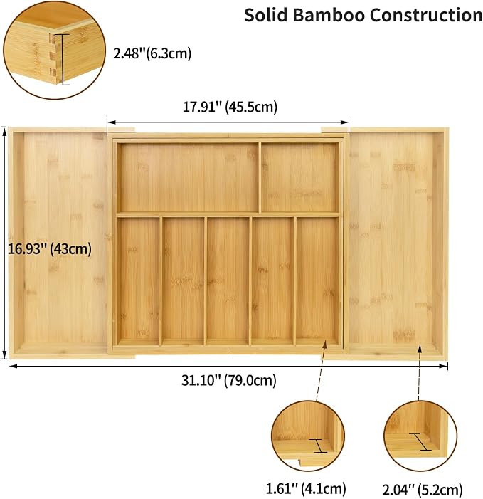 Utoplike Extra Large Kitchen Drawer Organizer, Solid Bamboo Silverware Tray | Expandable Drawers Organizer Holder for Utensils, Cutlery, Silverware, Flatware and Spatulas, Adjustable 7-9 Slots