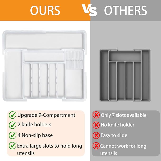 Silverware Organizer for Kitchen Drawer, Expandable Utensil Drawer Organizer with 2 Knife Block, Flatware and Cutlery Holder, Adjustable Plastic Storage for Spoons Forks Knives