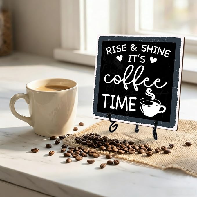 Funny Coffee Bar Decor, 5"x5" Coffee Bar Sign | Rise & Shine It's Coffee Time Wood Plaque with Stand | Rustic Gift for Home Kitchen Tabletop Desk - A04
