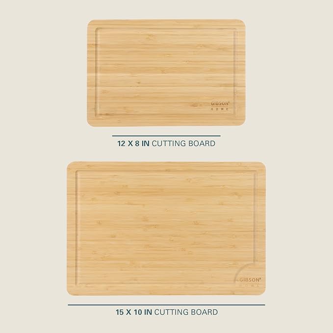 Gibson Home Forestview 2-Piece Bamboo Cutting Board Set – 15" & 12" Wooden Durable Kitchen Chopping Carving Boards with Juice Grooves, Oil Finished