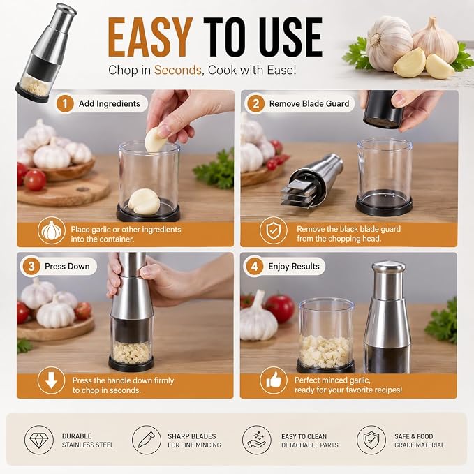 Manual Food Chopper, Stainless Steel Hand Press Vegetable and Garlic Mincer
