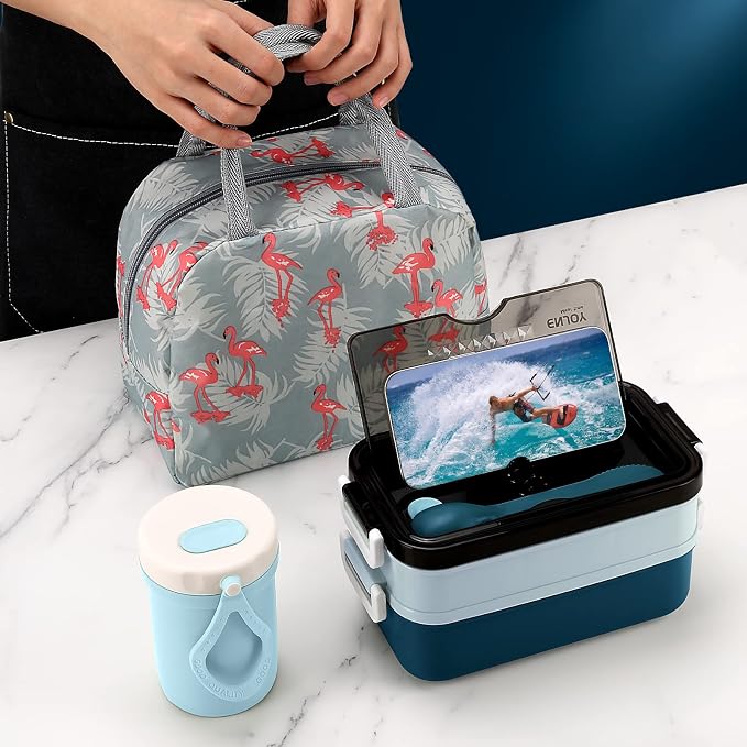 2-Tier Bento Lunch Box for Men & Adults with Insulated Lunch Bag | 50 OZ Large Capacity Bento Box with BPA-Free Utensils & Cup & Sauce Container, Leakproof, Microwave Safe for Work & Meal Prep