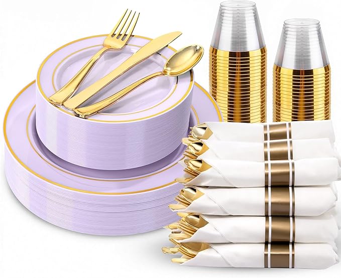 175PCS Purple Plates Disposable - Lavender Plastic Plates 25Guests Plastic Dinnerware with Rolled Napkins for Birthday/Baby Shower/Birthday