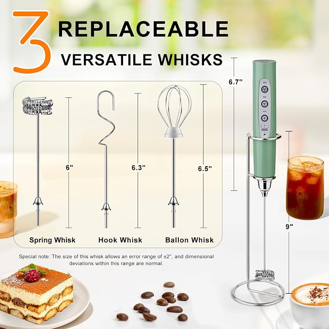 YUSWKO Handheld Milk Frother Wand for Coffee, Rechargeable Electric Whisk with 3 Heads 3 Speeds Drink Mixer Coffee Frother For Latte, Cappuccino, Hot Chocolate, Egg, Granite with Holder