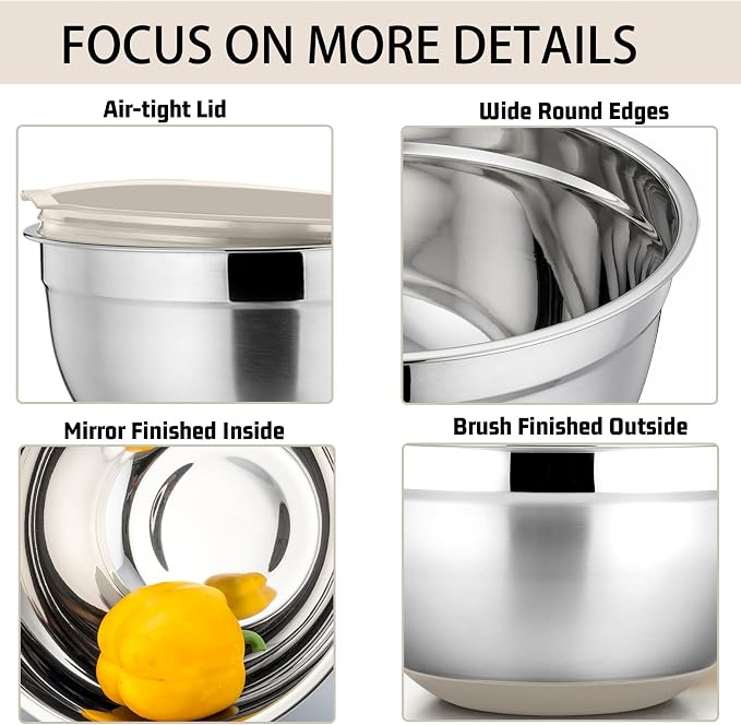 P&P CHEF Stainless Steel Mixing Bowls With Lids, Set of 6, Khaki | Salad Nesting Mixing Bowls & Fitting Lids & Non-Slip Silicone Bottom, Ideal for Mixing, Storing, Size 0.7/1/1.5/2.5/3/4.6 Qt