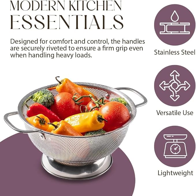 Bellemain Stainless Steel Colander for Kitchen, 5 Qt Pasta & Rice Strainer | Durable Highest Grade Premium Steel, Dishwasher Safe and Odor resistant Food Strainer, Lightweight Looped Handles