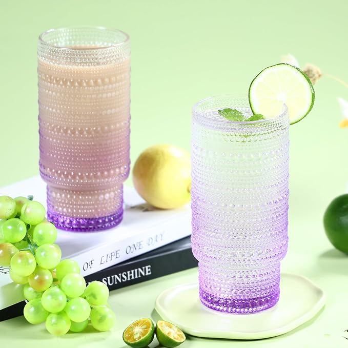 Large Capacity 16 oz Hobnail Drinking Glasses Set of 6, Vintage Glassware Drinking Glasses, Gradual Purple Water Glasses Tumbler, Cups for Kitchen, Juice, Beer, Cocktail, Whiskey