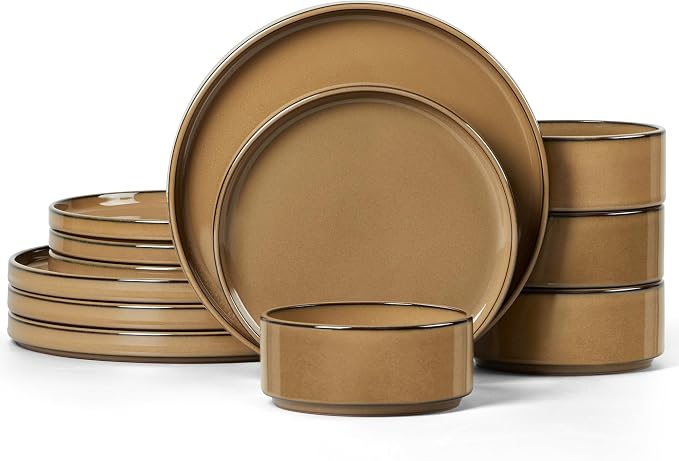 LIANYU Dinnerware Sets for 4, 12 Piece Modern Stoneware Dishes Set | Elegant Plate and Bowl, Ceramic Dining Dishware for Dinner, Rustic Terracotta Bottom, Microwave & Dishwasher Safe, Amber Gold