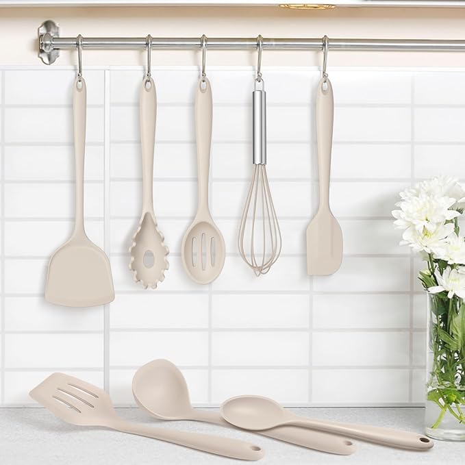 TeamFar Silicone Cooking Utensils Set, 8 PCS Kitchen Utensils Set, Khaki | 446°F Heat Resistant Turner, Spatula, Spoon, Whisk, Kitchen Cooking Gadgets Tools, for Nonstick Cookware, Dishwasher Safe