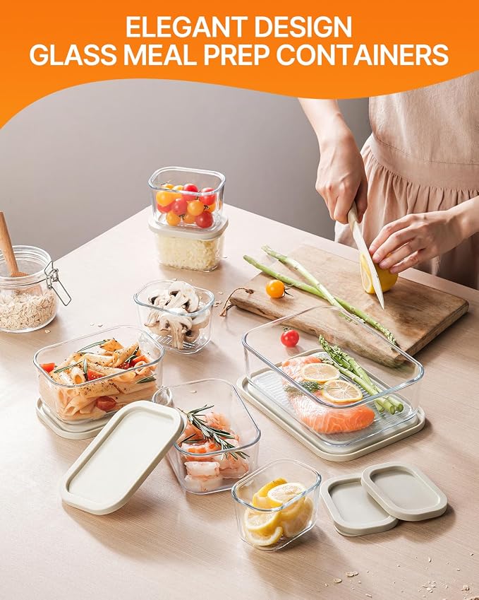 KEMETHY 7 Pack Glass Food Storage Containers with Lids,Stackable BPA Free Glass Meal Prep Containers,Glass Lunch Containers with Lids for Kitchen Storage and Organization- Baking, Microwave, Oven