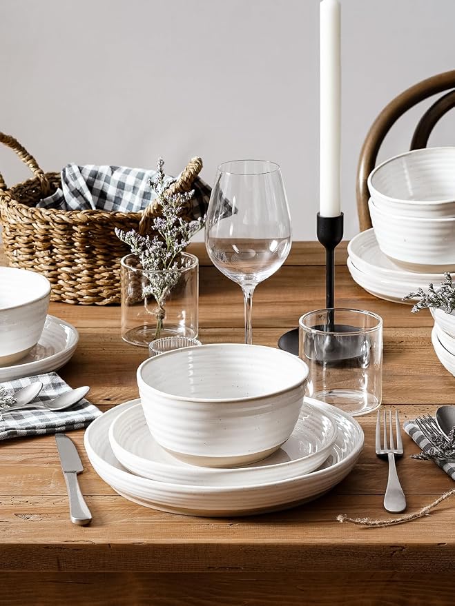 LE TAUCI Ceramic Dinnerware Sets for 4, 12 Piece Plates and Bowls Sets, Chip Resistant Kitchen Dish Set, Microwave & Dishwasher Safe, Arctic White (8"&10" Plate, 28oz Bowl)