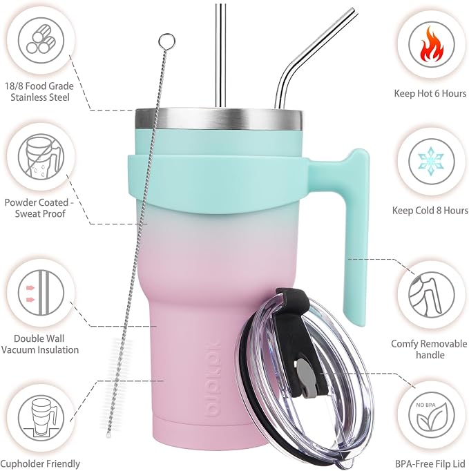 BJPKPK 30 oz Tumbler with Handle & Straw, Insulated Stainless Steel Mug | Double Wall Vacuum, Keeps Hot/Cold, Thermal Cup, BPA Free, Dishwasher Safe, Cupholder Fit, Coffee & Travel, Bubble Gum
