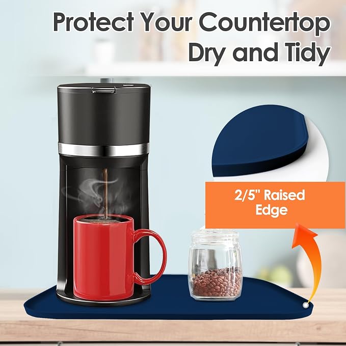 Silicone Coffee Maker Mat with Lip for Countertops, 17.4''x10.6'' Navy Blue | Multi leak-proof coffee tray for countertop, non-slip silicone mat fits most coffee makers & espresso machines, wipe-clean