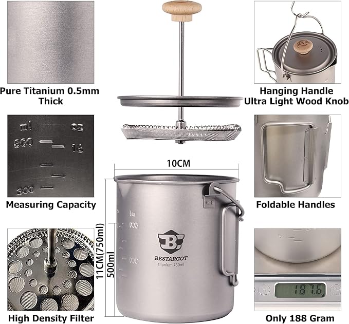 Bestargot Titanium Pot 750ml, Coffee French Press | Portable French Press, Ultralight, Camping Pot, Compatible with Camp Stoves