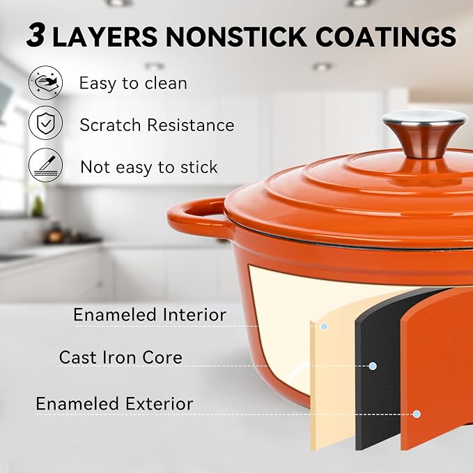 Miereirl 4.5 Quart Enameled Dutch Oven Pot with Lid, Cast Iron Dutch Oven with Dual Handles for Bread Baking, Cooking, Non-stick Enamel Coated Cookware (Orange)