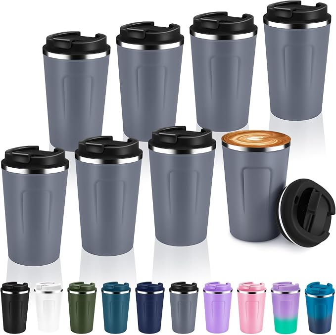 Volhoply 12 oz Double Wall Insulated Vacuum Travel Coffee Mug with Flip Lid Bulk 8 Pack,Reusable Stainless Steel Leak Proof Coffee Cup,Portable Cafe Thermal Tumblers for Hot & Cold Drinks(Gray,8 Set)