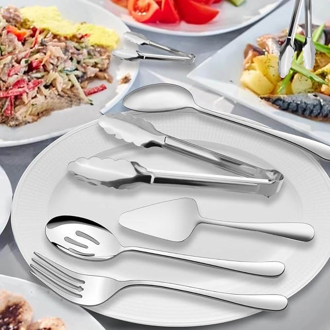 Serving Utensils,XEVOM 6-Piece Stainless Steel Serving Utensil Set Silver | Include Serving Spoon, Slotted Serving Spoon, Serving Fork,Serving Tong, Appetizers Tong,Pie Server,dishwasher safe