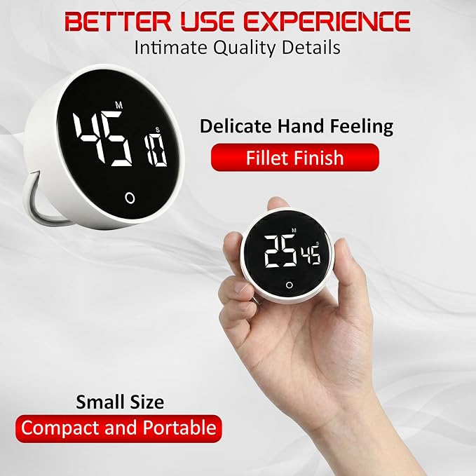 Digital Kitchen Timer with Large LED Display & Pomodoro Countdown | Magnetic rotary twist dial timer with non-slip design, back stand, ideal for cooking, classroom, study, ADHD & productivity.
