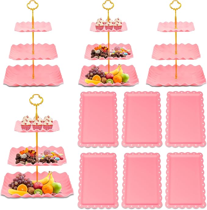 10 Pack Dessert Table Display Set - 4 x Three-Tier Square Cupcake Stands and 6 x Serving Trays, Elegant Tableware for Cakes, Cupcakes, Pastries, and Snacks, Perfect for Parties (Pink)