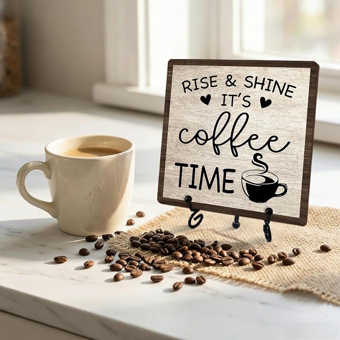 Farmhouse Coffee Bar Decor, 5"x5" Coffee Bar Sign | Rise & Shine It's Coffee Time Wood Plaque with Stand | Minimalism Gift for Home Kitchen Tabletop Desk - A10