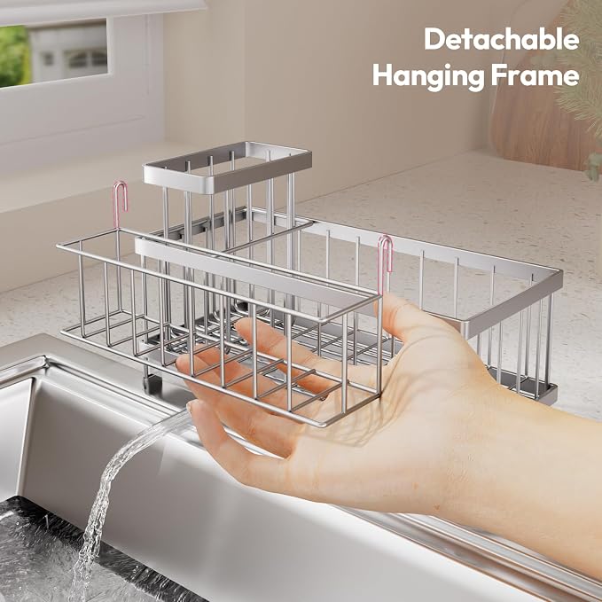 SWTYMIKI Sink Caddy Sponge Holder - Large Sponge Holder for Kitchen Sink with 360°Auto-Drain Tray, Rustproof Stainless Steel Kitchen Organizer Caddy for Countertop Organization