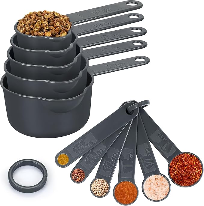 Accmor Measuring Cups & Spoons Set, Plastic Stackable Cups and Spoons, 11 Pcs Different Capacities Tablespoons Kitchen Gadgets Measuring Cup Set, Nesting Measure Sets for Dry Liquid Ingredients (Grey)