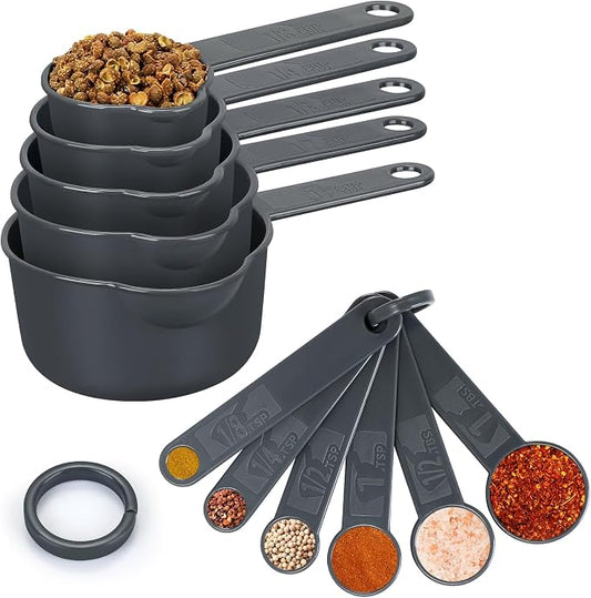 Accmor Measuring Cups & Spoons Set, Plastic Stackable Cups and Spoons, 11 Pcs Different Capacities Tablespoons Kitchen Gadgets Measuring Cup Set, Nesting Measure Sets for Dry Liquid Ingredients (Grey)