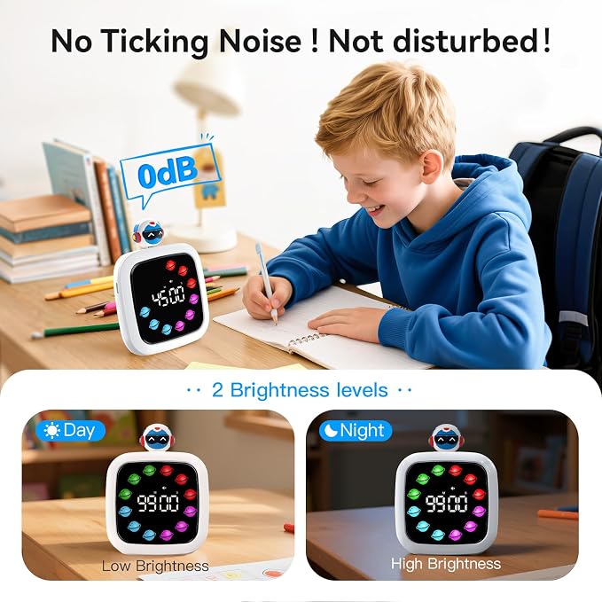 Digital Visual Timer for Kids, 99-Minute Countdown, Rechargeable | 19 Music Alarm, Pause Function, 9 Optional DIY Color Planet Display, Robot Doll, for Study, Homeschool, Kitchen