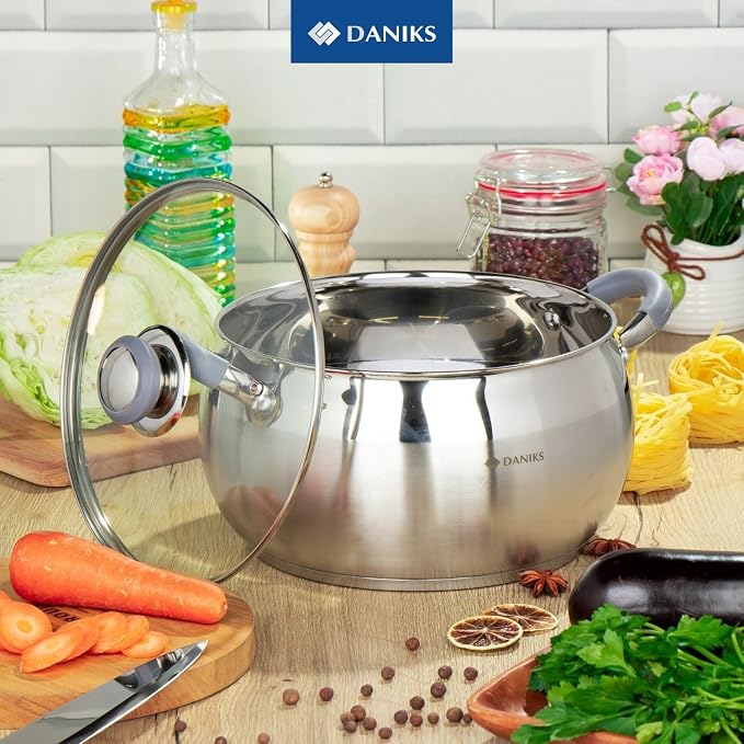 Daniks Modern 7 Quart Stainless Steel Stock Pot with Glass Lid, Tri-Ply Bottom for Even Heating, Induction Compatible, Dishwasher Safe, Heatproof Handles