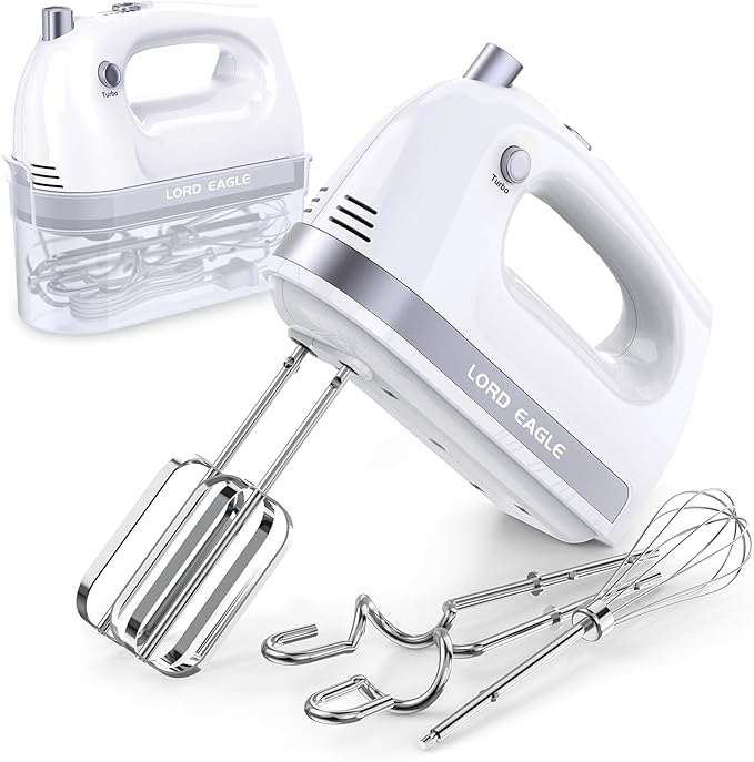 Lord Eagle Hand Mixer Electric Handheld 400W 5-Speed Lightweight | Kitchen Mixer with Storage Case, 5 Stainless Steel Attachments for Baking Cake Egg Cream Food Beater, Turbo+Eject Button