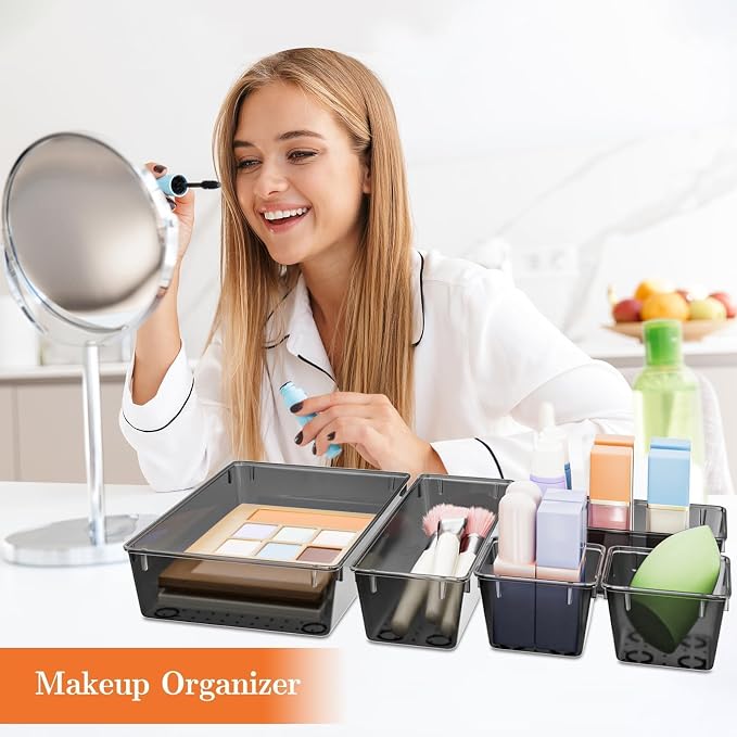 25 PCS Plastic Drawer Organizer, Versatile Organizer Trays & storage Bins | 4-Size Versatile Organizer Trays & storage Bins for Makeup, Jewelry, and Gadgets in Bathroom, Bedroom and Office, Clear Black