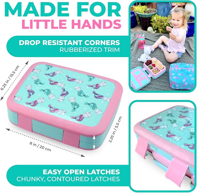 kinsho Bento Lunch Box Container for Small Kids, Boys, (Aqua Cat Mermaid) | 5 Portion Sections, BPA-Free Spill-Proof Leakproof Removable Plastic Tray, Snacks and Lunches for Toddlers Pre-School Daycare