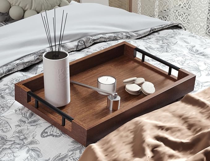 Fibogollo Bamboo Serving Trays with Metal Handles,Medium(Brown) | 15 x 10Inch Ottoman Decorative Trays Platter for Coffee Table,Living Room,Bar,Party,Holiday Hosting and Outdoor Entertaining
