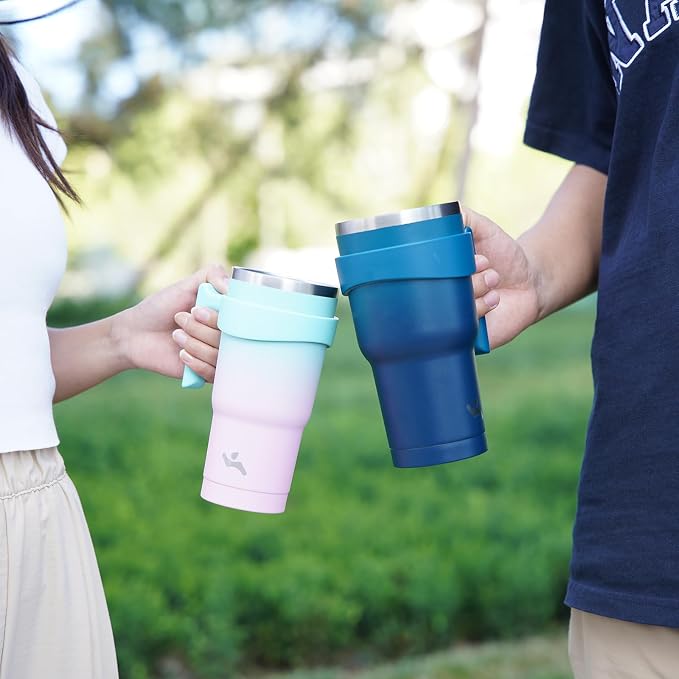 Konokyo 30 oz Tumbler with Handle and Straw, Insulated Travel Mug | Gum; BPA-free, leak-proof tumbler with 2 lids, 2 straws, cup holder fit for coffee, office, travel & daily use