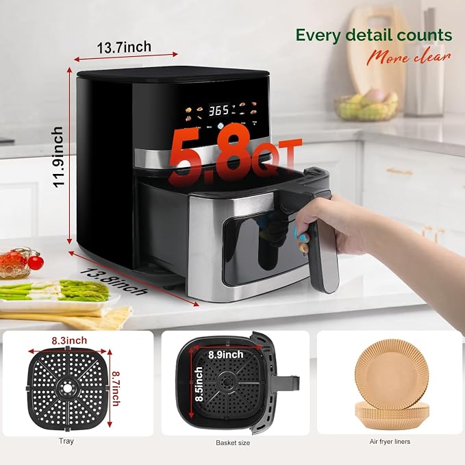 5.8QT Compact Air Fryer, Stainless Steel Oven with Clear Window | QUICK & SAFE: large air fryer perfect for small family; BPA-free stainless steel build for healthy cooking, Gift Box Included