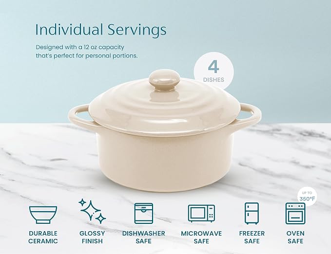 Kook Ceramic Mini Cocotte Set, Small Casserole Dishes with Lids and Handles, Individual Baking Ramekins, Oven, Microwave & Dishwasher Safe, Stoneware, 12 oz, Set of 4, Ivory