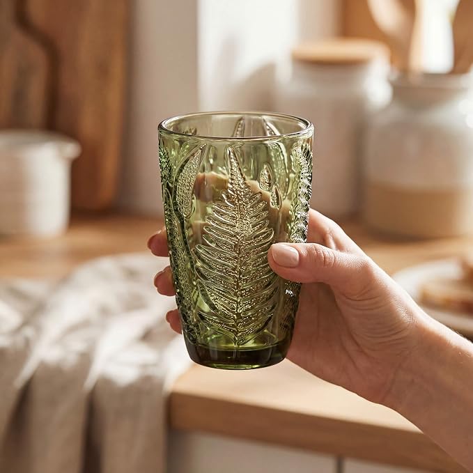 Green Drinking Glasses Set of 8 - 12 & 10 oz, Vintage Boho Fern Glass Cups | Hand-Pressed, Dishwasher Safe, Leaf-Textured Glassware, Colored Embossed Highball & Lowball Tumblers for Water, Retro Kitchen