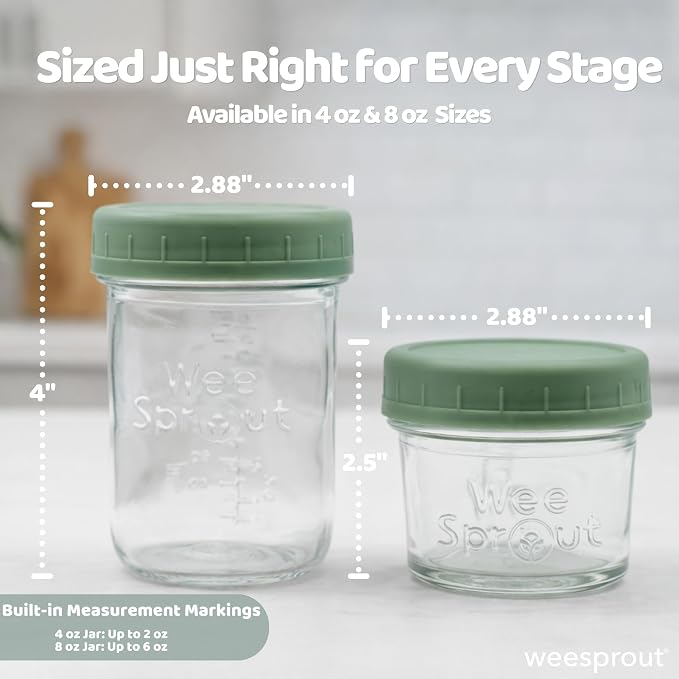 WeeSprout Baby Food Storage Glass Jars w/Lids (8 oz, 8 Pack) Pastel Variety, Snack, Reusable Small Containers, Fridge or Freezer, Microwave & Dishwasher Safe, Essentials for Infants
