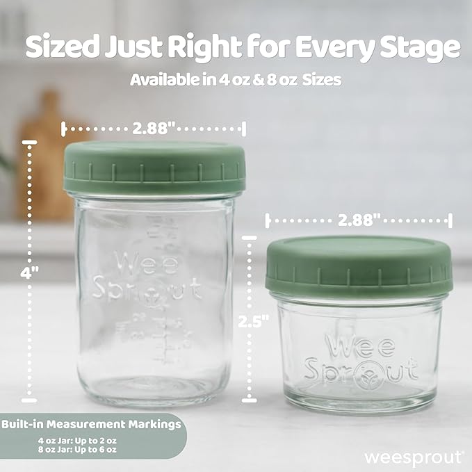 WeeSprout Glass Baby Food Storage Jars w/Lids (4 oz, 12 Pack Set) Snack, Puree, Reusable Small Containers, Breast Milk, Fridge or Freezer, Microwave & Dishwasher Safe, Essential Must Have for Infants
