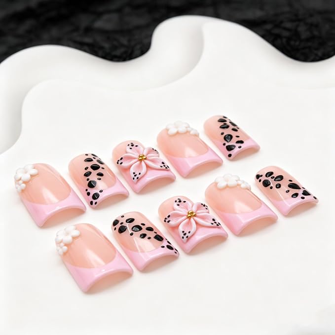 Duck Press on Nails Handmade Short Pink French Tip Fake Nails with 3D Flower Designs Black Leopard Print False Nails Glossy Thick Acrylic Stick on Nail Art Elegant Style for Women Daily Wear (S)