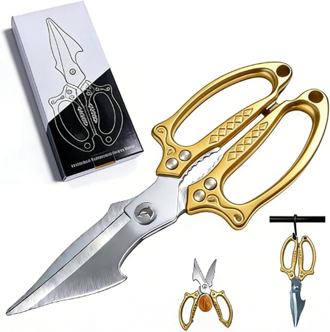 Premium Gold Kitchen Shears Heavy Duty, Stainless Steel Multipurpose Scissors for Chicken, Meat, Poultry, Seafood & Vegetables, Sharp Food Cutting Scissors for Kitchen Use