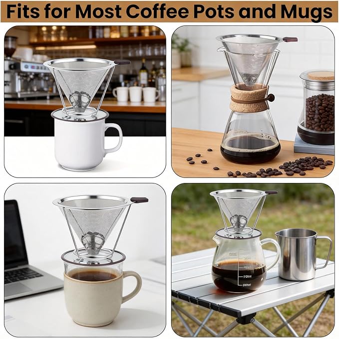 Reusable Stainless Steel Pour Over Coffee Dripper, Paperless V60 Filter | 800 mesh fine layer, 304 food-grade metal, eco budget friendly, fits Chemex & mugs, ideal for home, office & camping, 1-4 cup