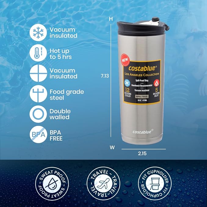 Travel Coffee Mug - 16 Oz. Stainless Steel Insulated Coffee Mug, Leak Proof Tumbler w/Dishwasher Safe Lid, Double Wall Travel Cup, Reusable Insulated Tumbler for Hot & Cold Beverages