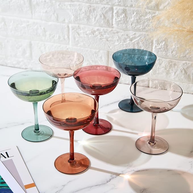Beautiful Colored Martini, Champagne & Cocktail Luxury Coupe Glasses | Set of 6 | Crystal 6 6oz - Stemmed Goblet Drinking Cups, Color Gift Set - Her, Wife & Mom - Colorful Drinkware - Water, Wine