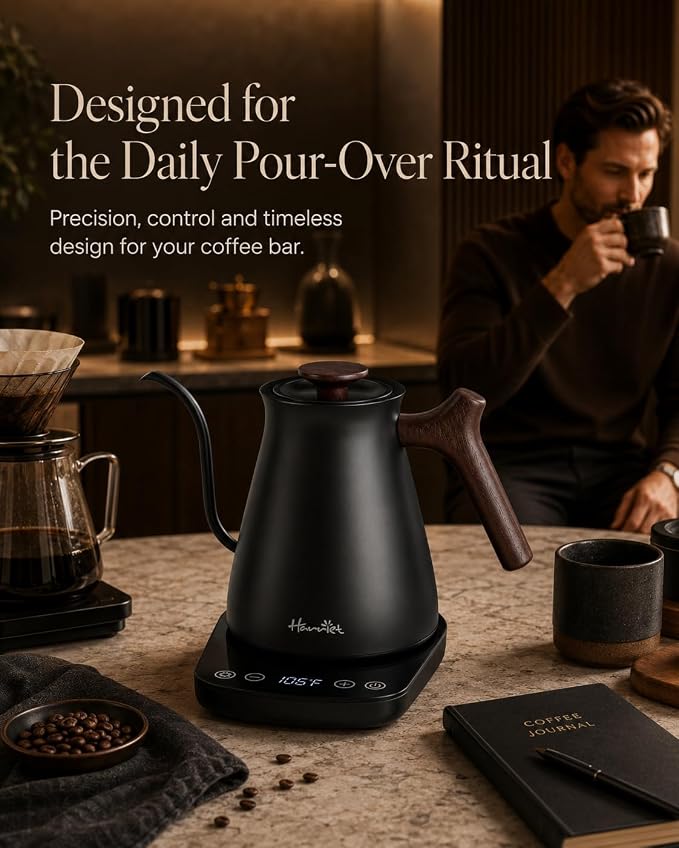 Harriet Gooseneck Electric Kettle, 0.8L, 1°F Control, Brew Timer | 120-Min Keep Warm, 104–203°F Control, Built-In Brew Timer, SUS304 Stainless Steel, Wood-Accent Handle for Pour-Over Coffee