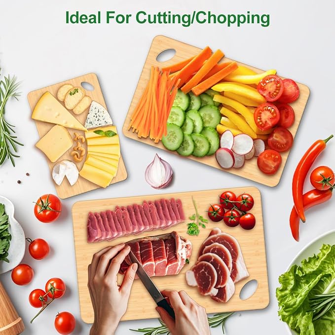 Viretang Wood Cutting Board Set of 3, Natural Bamboo, Hang Hole | Chopping Boards for Kitchen, Serving, Meal Prep, Charcuterie, Kitchen Tray for Raw Meat Fruit Cheese, Knife Friendly, Durable