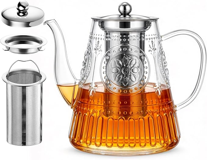 1500ml/52oz Large Glass Teapot, Zpose Vintage Tea Pot with Infuser for Loose Tea, Stovetop Glass Tea Kettle with strainer for 6-7 Cups