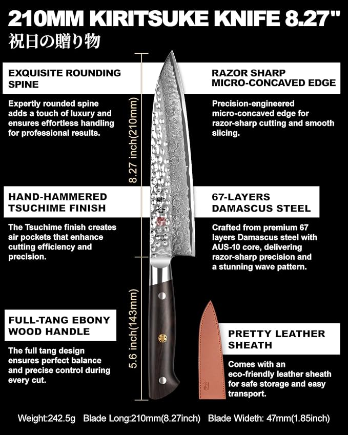 Japanese Chef Knife Kitchen Knife with 67 Layers Damascus Steel AUS-10 Core, Professional Damascus Knife with Full-Tang Ebony Wood Handle and Premium Gift Box (8.27 Inch Kiritsuke Knife)